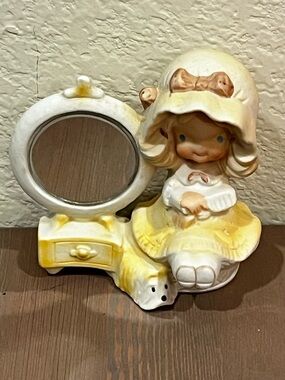 Vintage UCTI Japan Poppet Girl 4" Figurine With Mirror Hand Painted Kitsch 70s